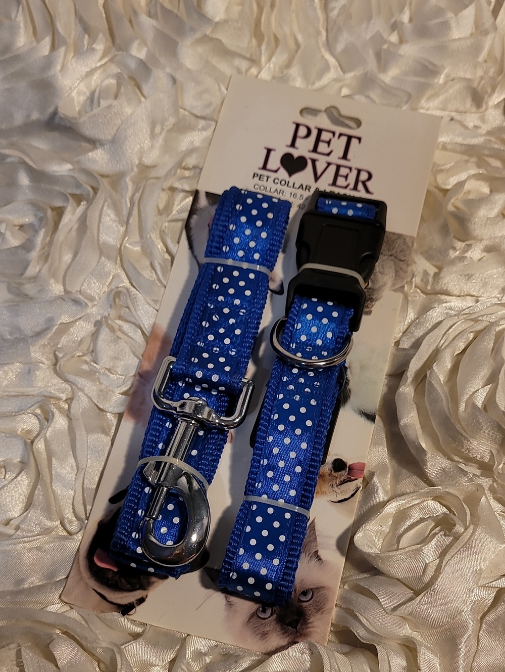 Dog Collar & Leash Set Blue Polka Dot Adjustable Walking Set New